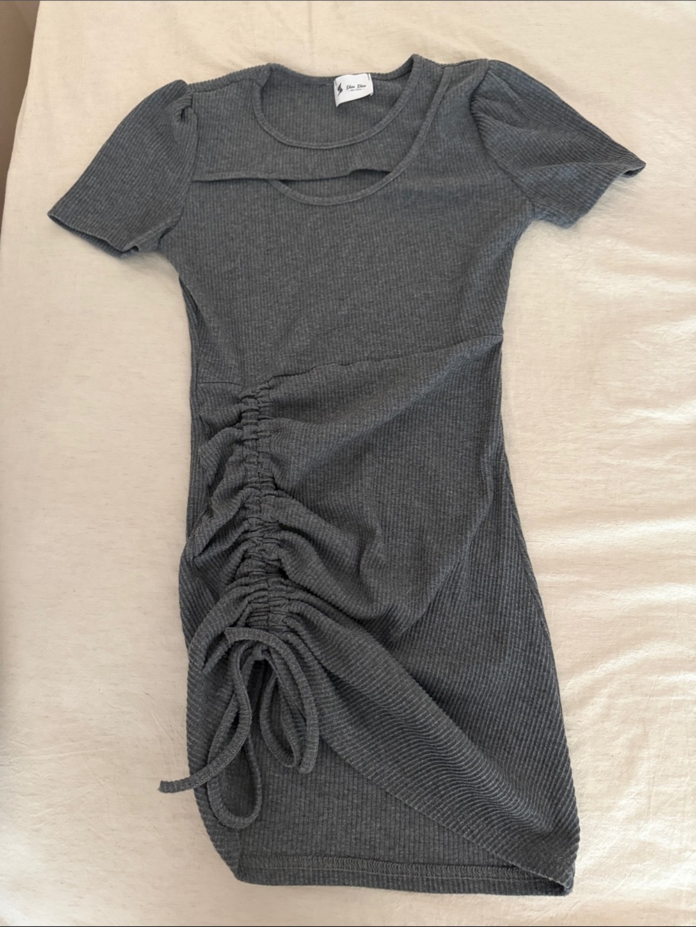Grey Ribbed Side-Ruched Short Sleeve Dress
